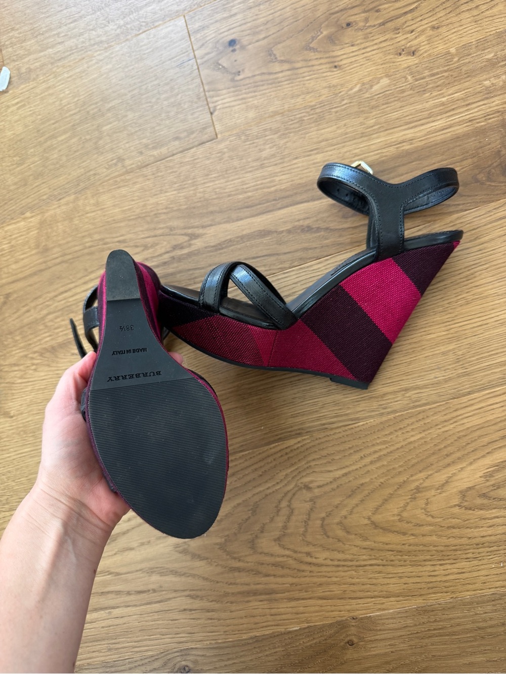 Burberry Black Leather Ankle-Strap Wedges with Plum and Pink Stripes - Picture 3 of 4